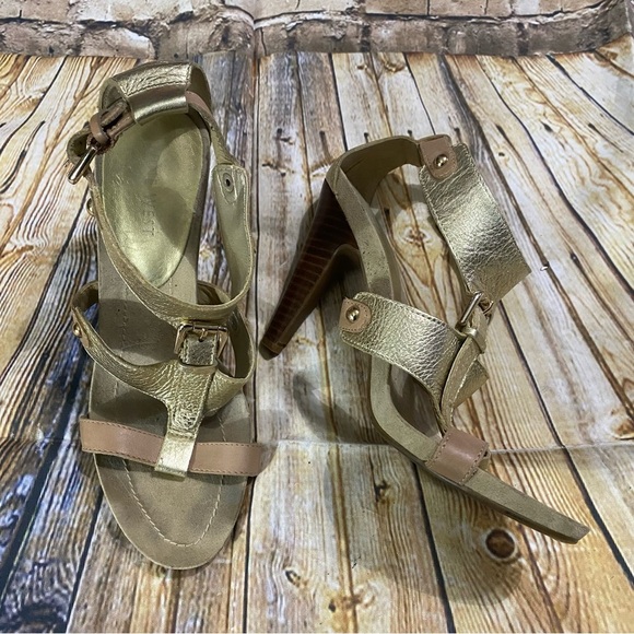 Nine West Snookso Gold Leather 4” Stiletto Open Toe Heels Size 6.5 - Picture 1 of 6